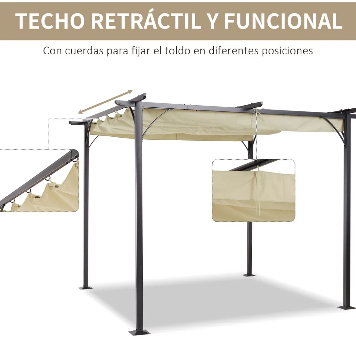 Pérgola de jardín Outsunny techo retráctil crema 3x3m