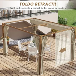 Pérgola Nancy Outsunny retráctil + mosquiteras natural 225x397x297 cm