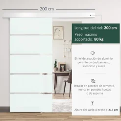 Puerta corredera con cristal translúcido Homcom deslizante 90x205 cm