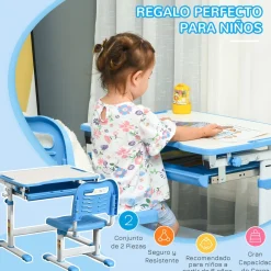 Pupitre infantil School Homcom 2 en 1 +6A altura ajustable azul 77x66x47 cm
