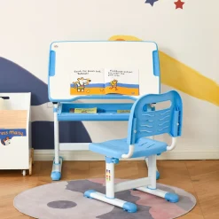 Pupitre infantil School Homcom 2 en 1 +6A altura ajustable azul 77x66x47 cm