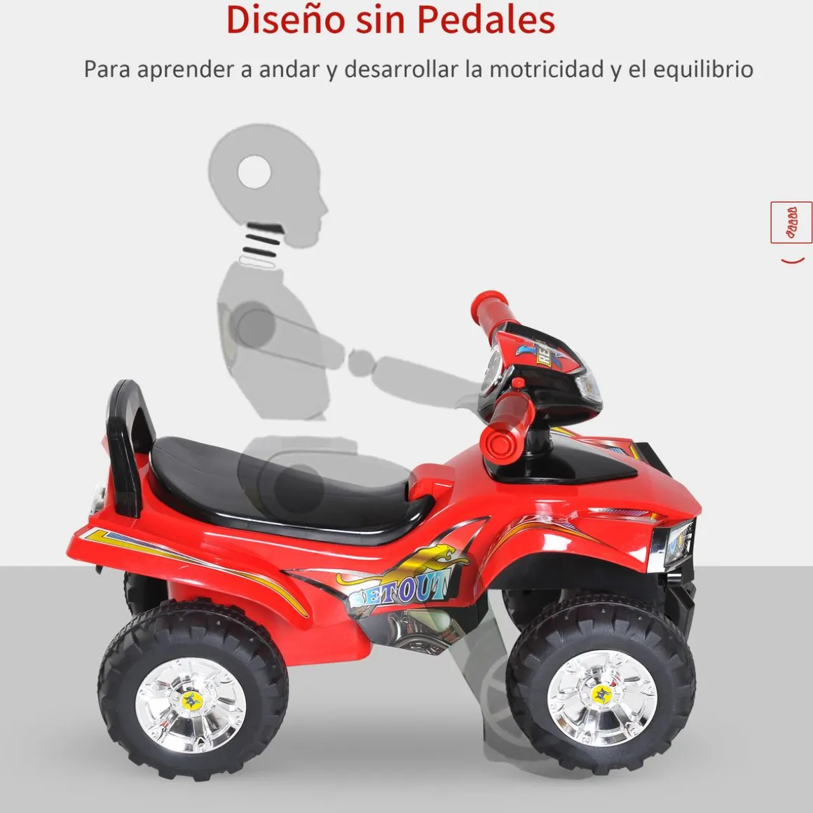 Quad correpasillos Ready Homcom bocina + música + luces +12 meses rojo 42x60x38 cm
