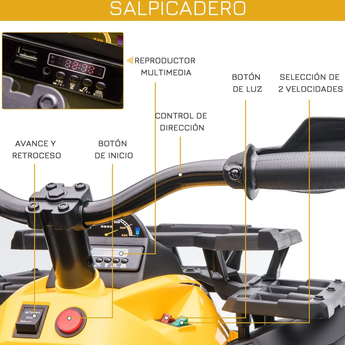 Quad eléctrico Terra Homcom 2 motores con faros + música +3A amarillo 73x100x65 cm