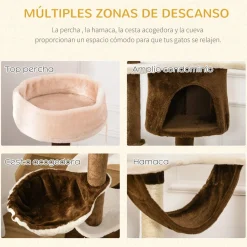 Árbol rascador Aracna PawHut 2 hamacas + cueva + rascador + bola + 3 plataformas 153x6450 cm