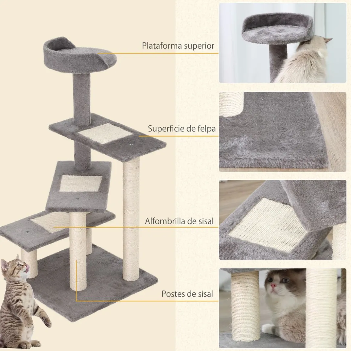 Árbol rascador de gatos PawHut 3 plataformas gris/beige 100x48,5x48,5 cm