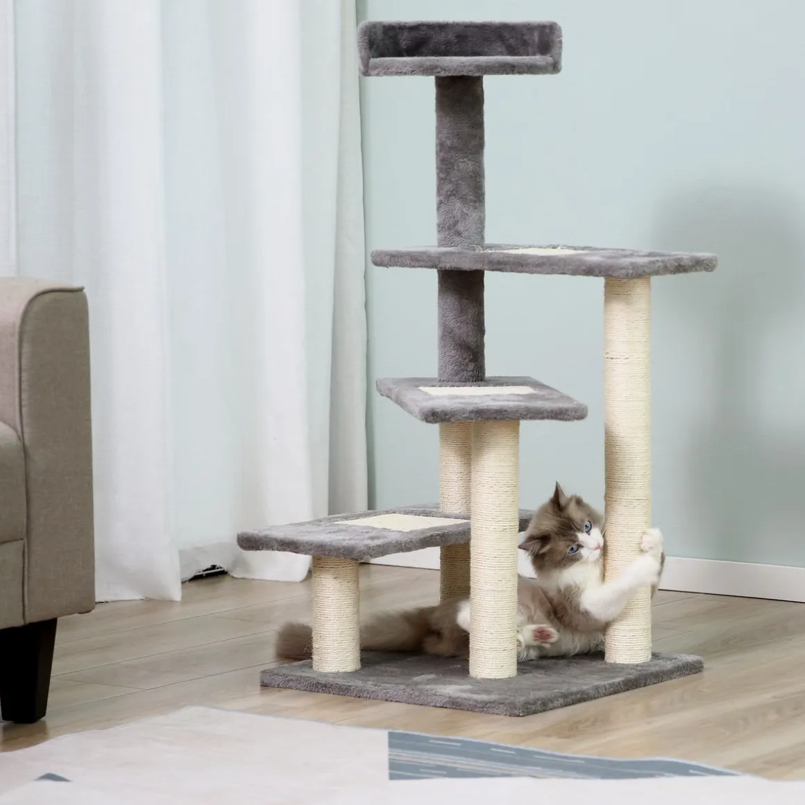 Árbol rascador de gatos PawHut 3 plataformas gris/beige 100x48,5x48,5 cm