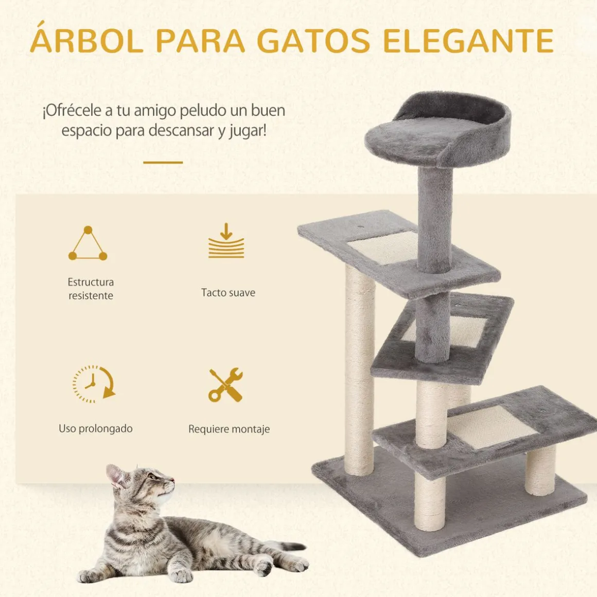 Árbol rascador de gatos PawHut 3 plataformas gris/beige 100x48,5x48,5 cm