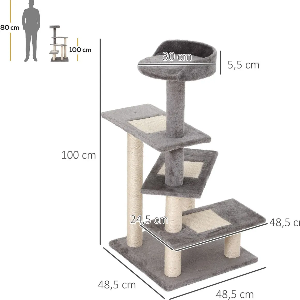 Árbol rascador de gatos PawHut 3 plataformas gris/beige 100x48,5x48,5 cm