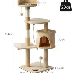 Árbol rascador para gatos PawHut con plataformas y caseta beige/blanco 114x40x40 cm