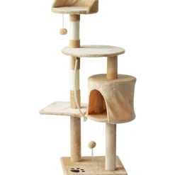 Árbol rascador para gatos PawHut con plataformas y caseta beige/blanco 114x40x40 cm