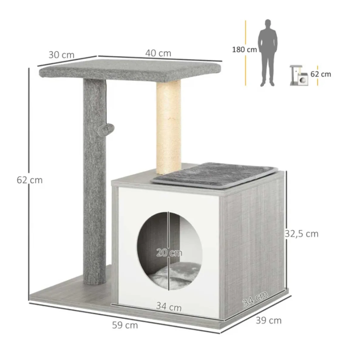 Árbol rascador para gatos PawHut 3 niveles gris 62x59x39 cm