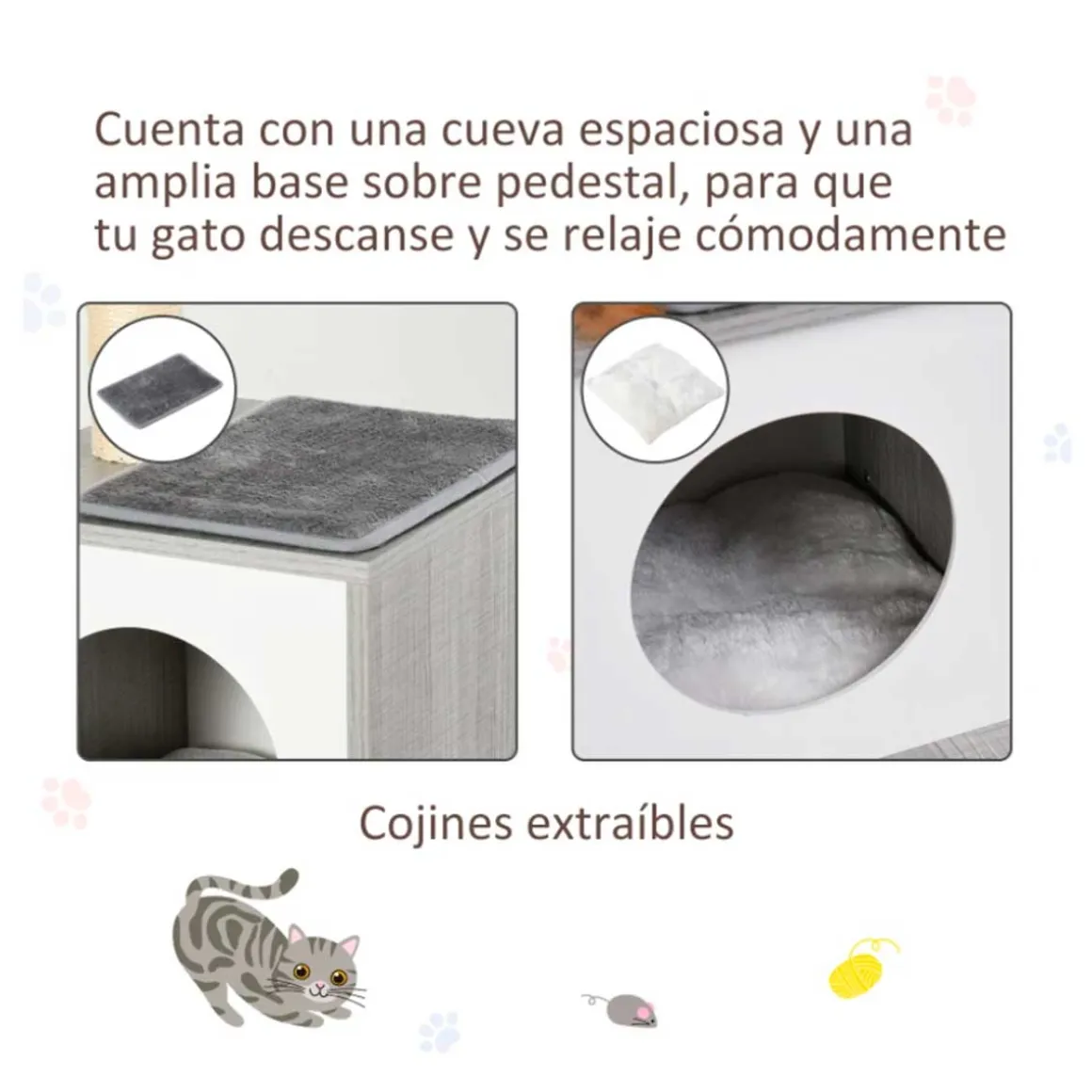 Árbol rascador para gatos PawHut 3 niveles gris 62x59x39 cm