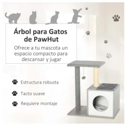Árbol rascador para gatos PawHut 3 niveles gris 62x59x39 cm