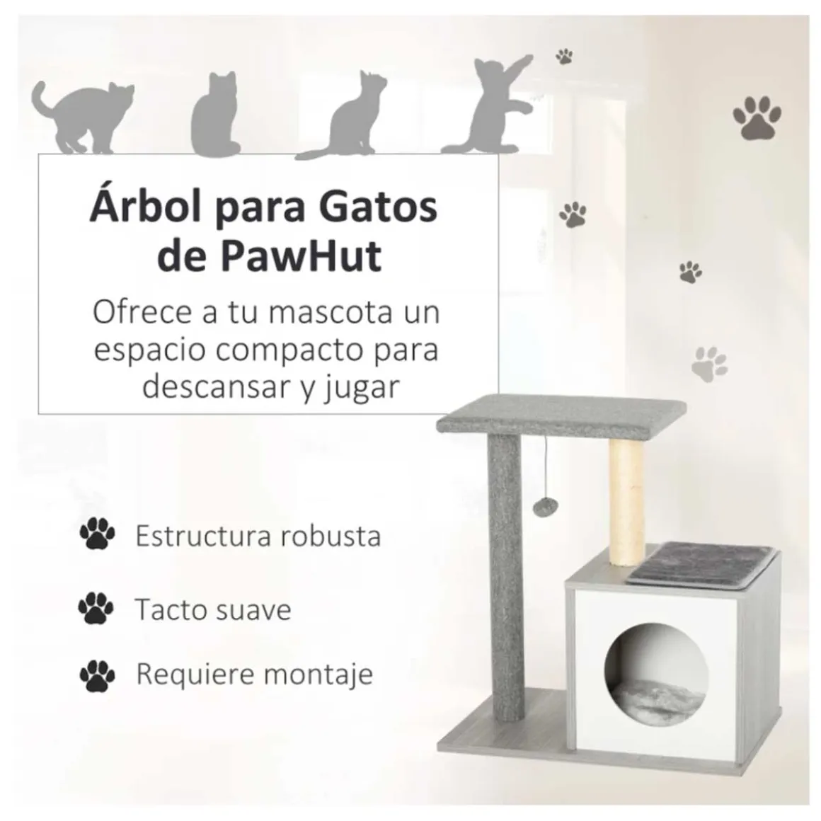 Árbol rascador para gatos PawHut 3 niveles gris 62x59x39 cm