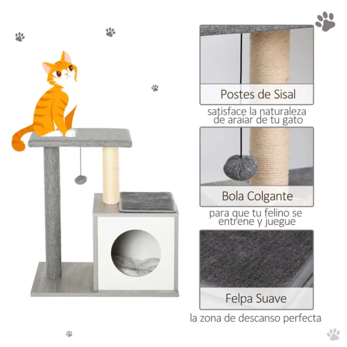 Árbol rascador para gatos PawHut 3 niveles gris 62x59x39 cm