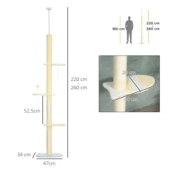 Árbol rascador para gatos PawHut altura ajustable 3 niveles crema 220/260x47x34 cm