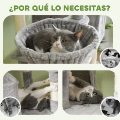 Árbol rascador Ratón PawHut 2 hamacas + 2 cuevas + plataformas + bola gris 206x60x50 cm