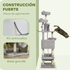 Árbol rascador Ratón PawHut 2 hamacas + 2 cuevas + plataformas + bola gris 206x60x50 cm