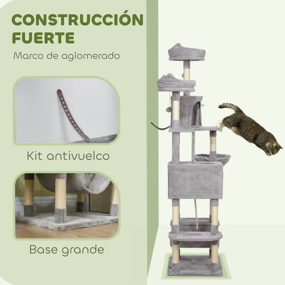 Árbol rascador Ratón PawHut 2 hamacas + 2 cuevas + plataformas + bola gris 206x60x50 cm