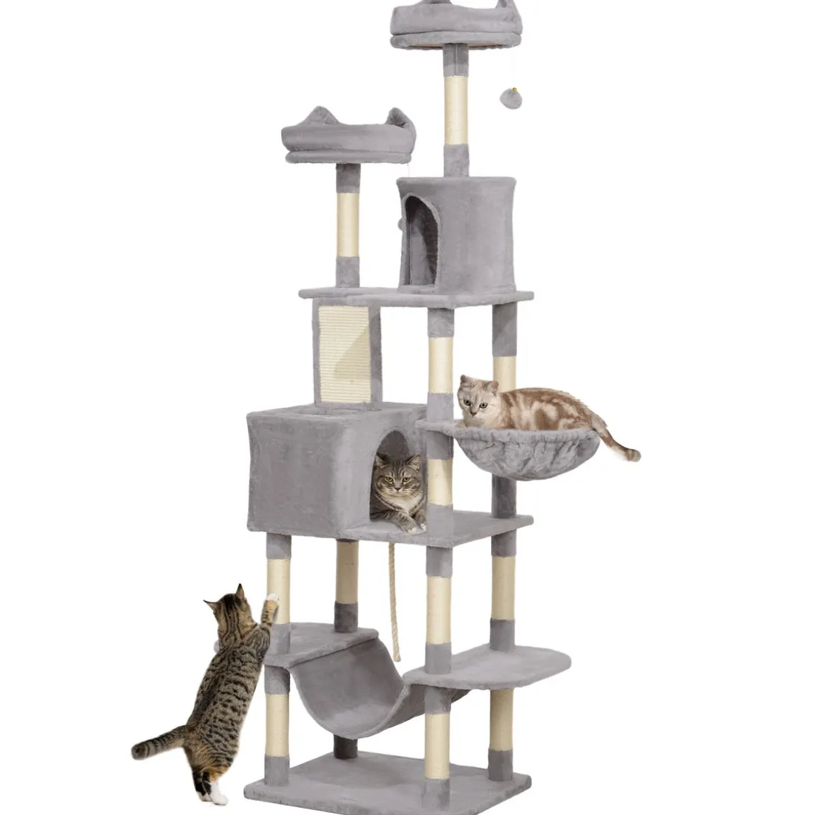 Árbol rascador Ratón PawHut 2 hamacas + 2 cuevas + plataformas + bola gris 206x60x50 cm