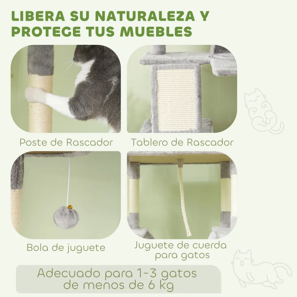 Árbol rascador Ratón PawHut 2 hamacas + 2 cuevas + plataformas + bola gris 206x60x50 cm