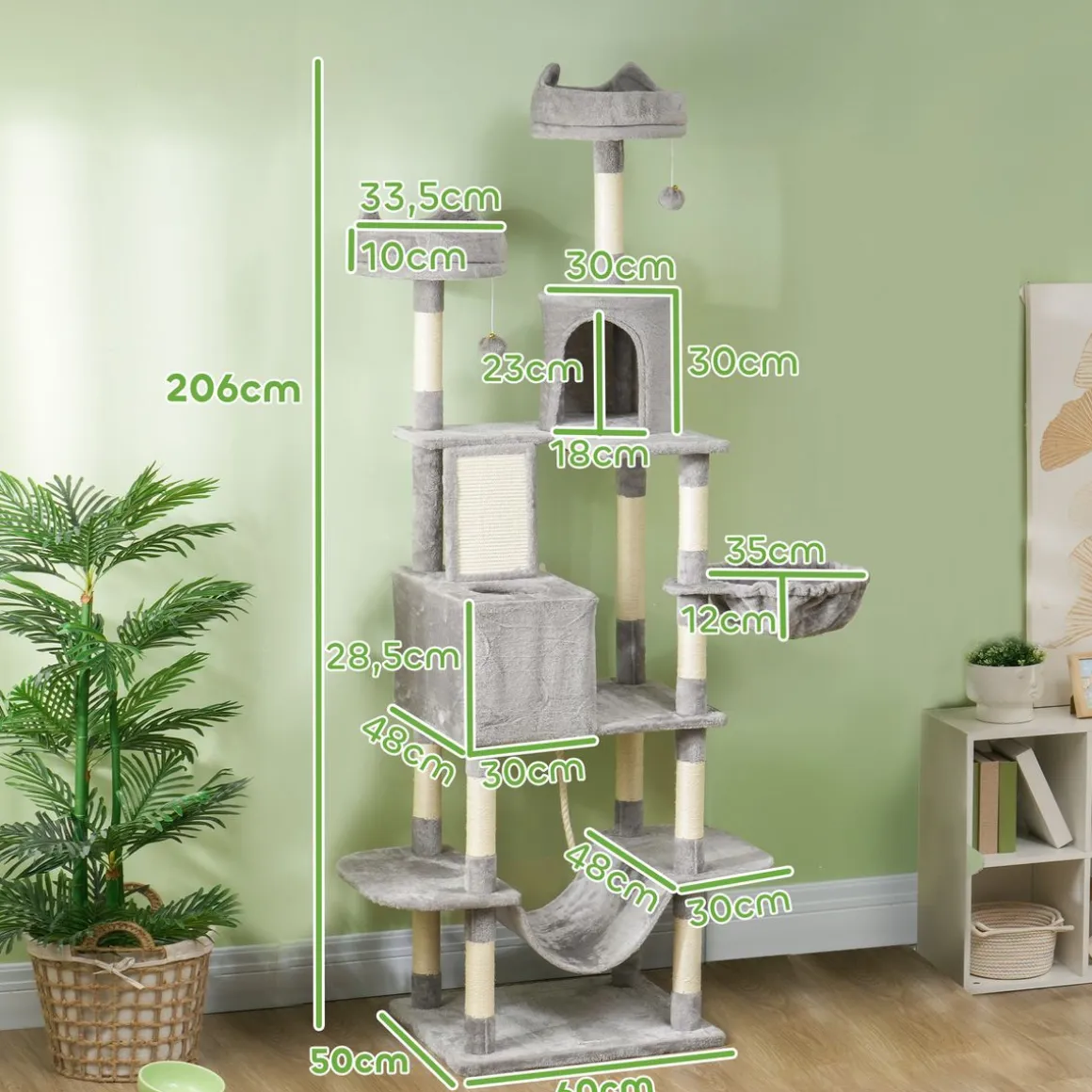 Árbol rascador Ratón PawHut 2 hamacas + 2 cuevas + plataformas + bola gris 206x60x50 cm