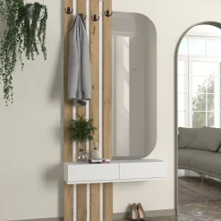 Recibidor Reyas con espejo, percheros y estante natural/blanco 180x39x29,5 cm
