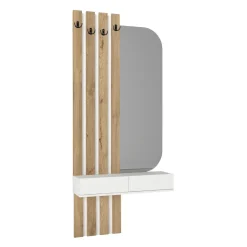 Recibidor Reyas con espejo, percheros y estante natural/blanco 180x39x29,5 cm