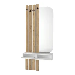 Recibidor Reyas con espejo, percheros y estante natural/blanco 180x39x29,5 cm
