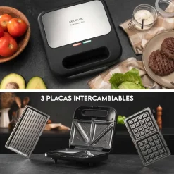 Sandwichera Cecotec Rock'n Toast 1000 3in1 800W 3 placas intercambiables negro
