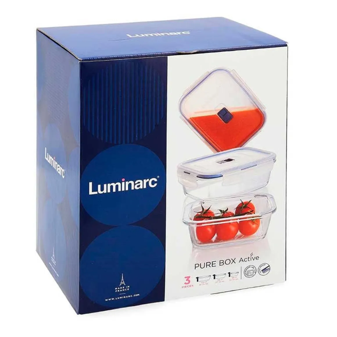 Set 3 recipientes herméticos Pure Box Active Luminarc rectangulares 38cl-82cl-122cl