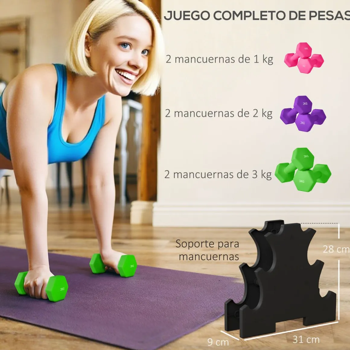 Set de 6 mancuernas SportNow 1-2-3kg con almacenamiento multicolor