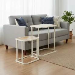 Set de 2 mesas auxiliares Curvi diseño fijo natural/blanco