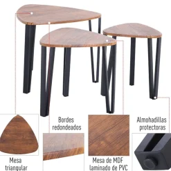Set de 3 mesitas Homcom diseño nido madera/negro
