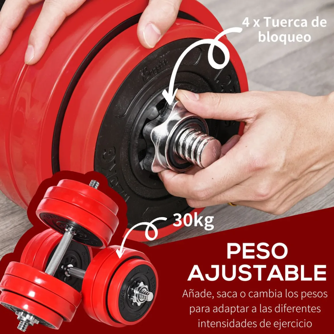 Set de mancuernas Homcom 12 discos + 2 barras + biela + 4 tuercas 30kg rojo