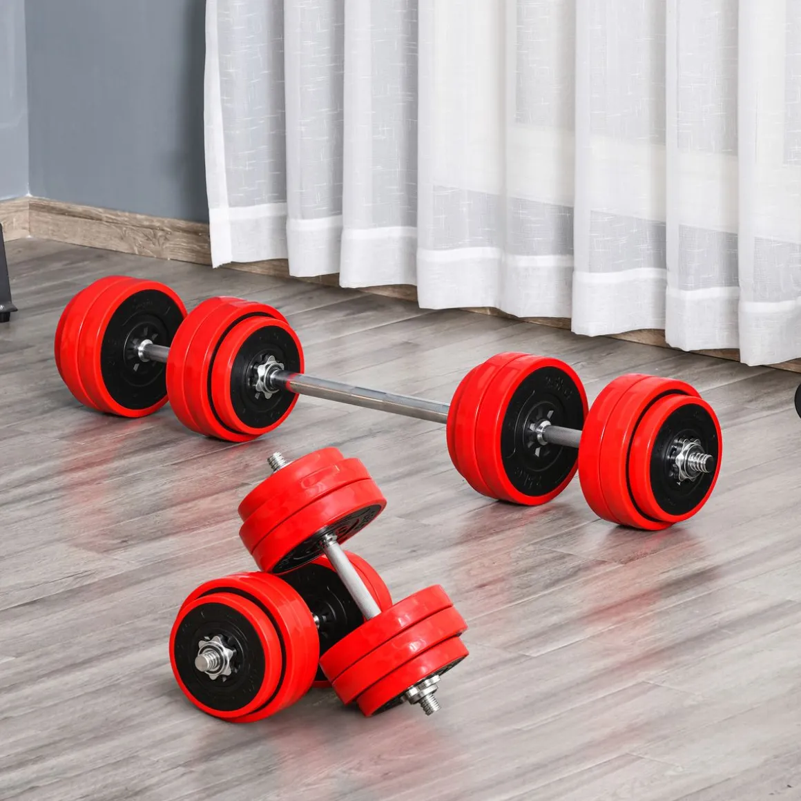 Set de mancuernas Homcom 12 discos + 2 barras + biela + 4 tuercas 30kg rojo