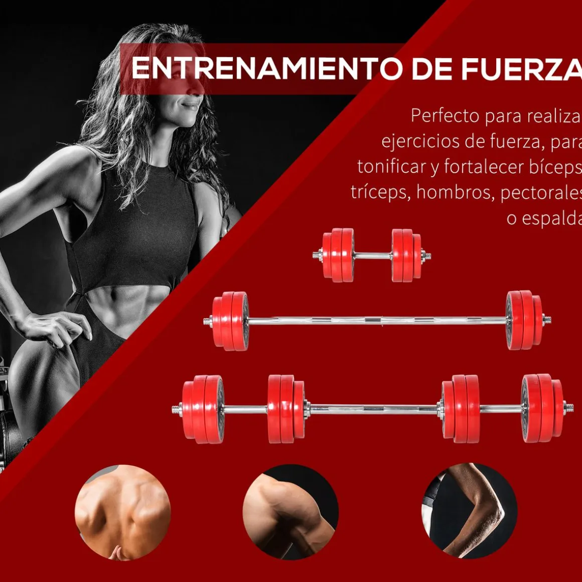 Set de mancuernas Homcom 12 discos + 2 barras + biela + 4 tuercas 30kg rojo