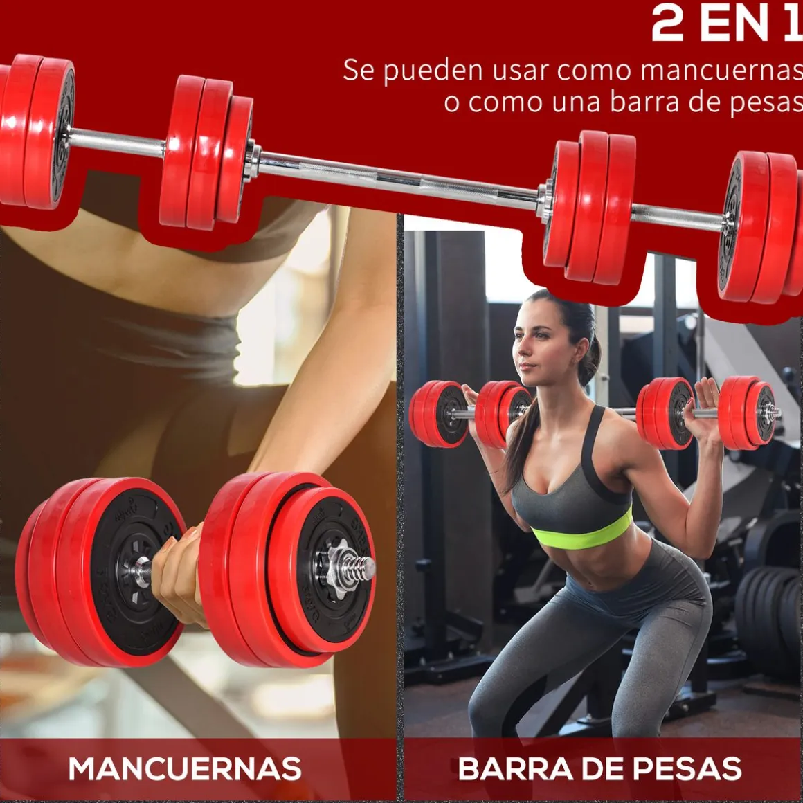Set de mancuernas Homcom 12 discos + 2 barras + biela + 4 tuercas 30kg rojo
