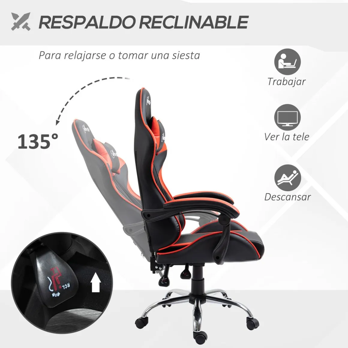 Silla Coyote gaming Vinsetto altura ajustable con cojín lumbar rojo 122-130x63x67 cm