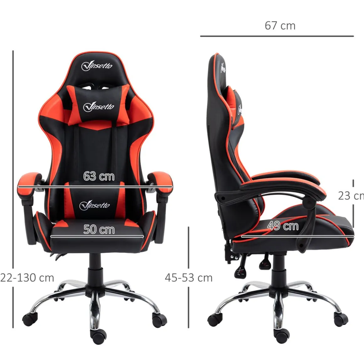 Silla Coyote gaming Vinsetto altura ajustable con cojín lumbar rojo 122-130x63x67 cm