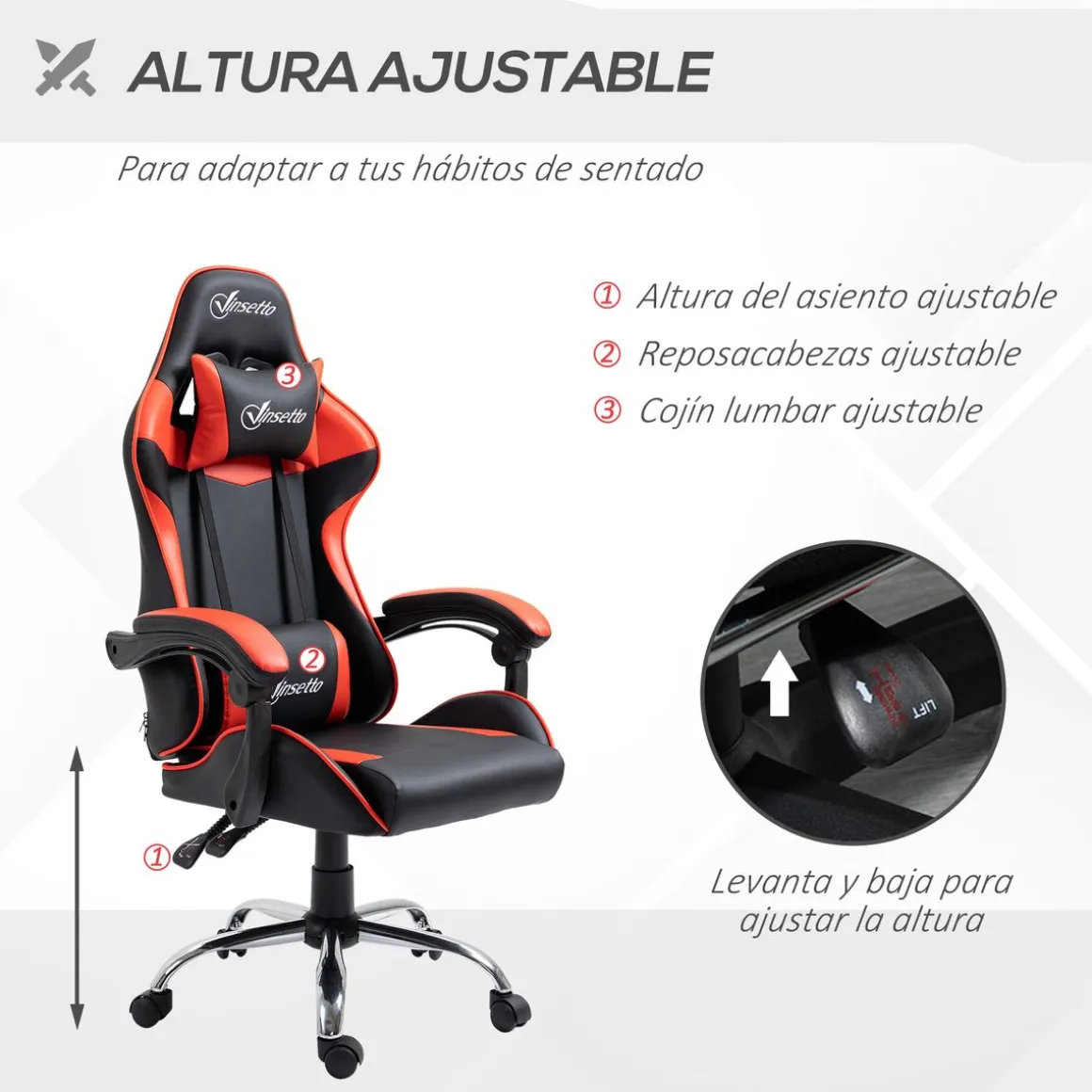Silla Coyote gaming Vinsetto altura ajustable con cojín lumbar rojo 122-130x63x67 cm