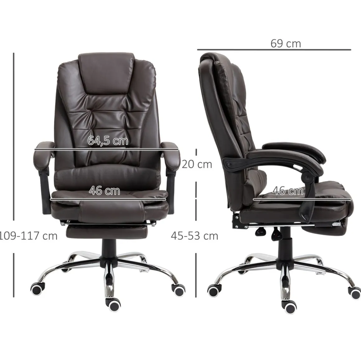Silla de oficina Adar Homcom con reposapiés reclinable marrón oscuro 109-117x64,5x69 cm