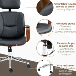 Silla de oficina Cactus Vinsetto basculante + reposacabezas extraíble negro 110-120x62x63 cm