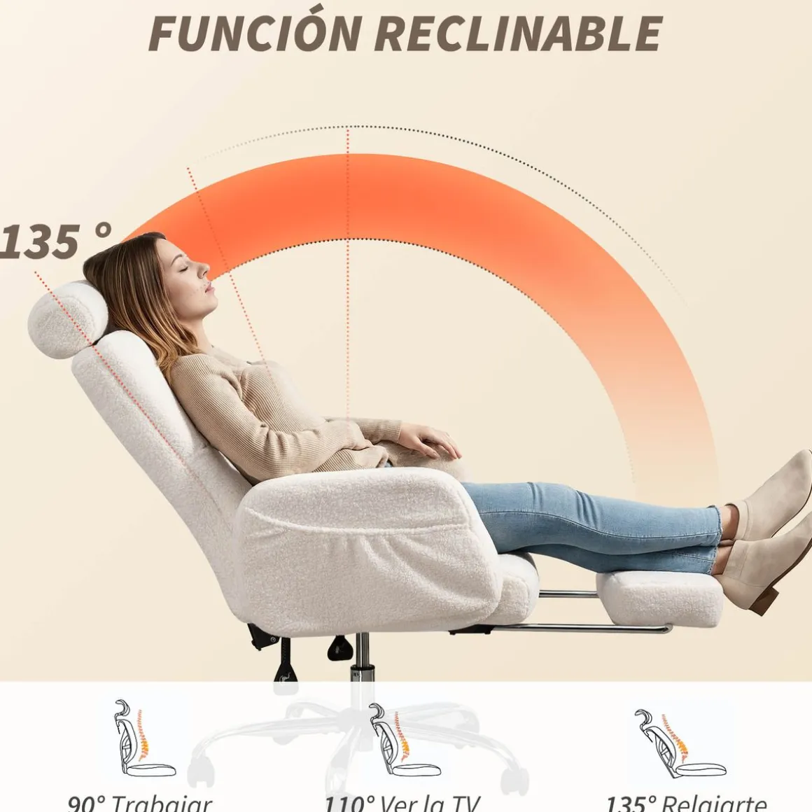 Silla de oficina Prisma Homcom reclinable tela borreguito blanco 107-115x67x74 cm