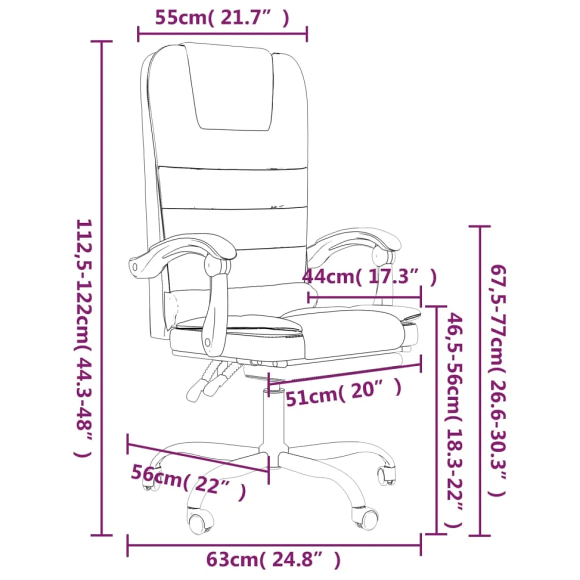 Silla de oficina Roca reclinable con altura ajustable 112,5-122x63x56 cm
