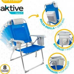 Silla de playa Aktive plegable con bolsillos+posavasos azul 99x61x63 cm