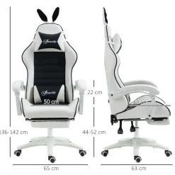 Silla gaming Rabbit Vinsetto reclinable + reposapiés retráctil + orejas de conejo blanco/negro 136-142x63x63 cm