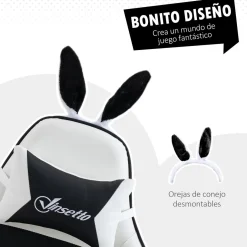 Silla gaming Rabbit Vinsetto reclinable + reposapiés retráctil + orejas de conejo blanco/negro 136-142x63x63 cm