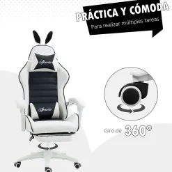 Silla gaming Rabbit Vinsetto reclinable + reposapiés retráctil + orejas de conejo blanco/negro 136-142x63x63 cm