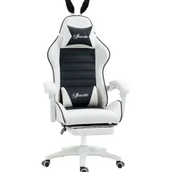 Silla gaming Rabbit Vinsetto reclinable + reposapiés retráctil + orejas de conejo blanco/negro 136-142x63x63 cm